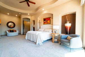 Carpeted bedroom featuring recessed lighting and a tray ceiling