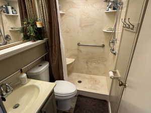 Full bath with vanity and a shower with curtain