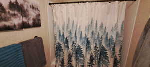 Bathroom with curtained shower