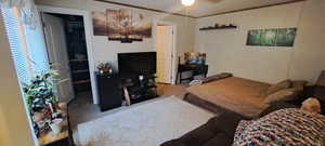 Carpeted bedroom with multiple windows and crown molding