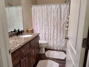 Bathroom with vanity, wood finished floors, and a shower with shower curtain