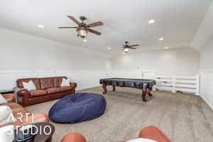 Game room with a wainscoted wall, carpet floors, a ceiling fan, billiards, and recessed lighting