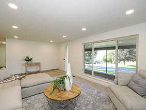Living area with recessed lighting and a textured ceiling