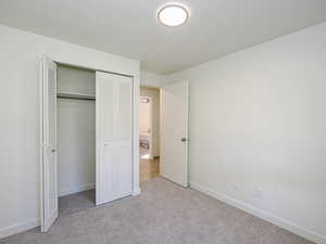 Unfurnished bedroom featuring carpet floors and a closet
