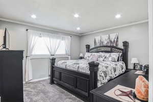 Bedroom with carpet floors, recessed lighting, and crown molding