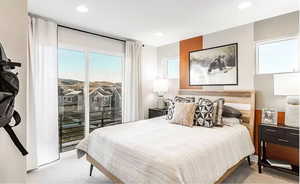 Bedroom featuring light carpet, access to outside, and recessed lighting