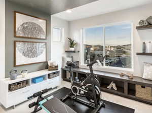 Workout area featuring carpet floors and recessed lighting