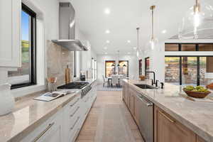 Kitchen with exhaust hood, stainless steel appliances, healthy amount of natural light, light stone counters, and recessed lighting