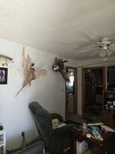 Living room featuring a textured ceiling and a ceiling fan