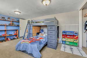 Carpeted bedroom with a textured ceiling and wainscoting