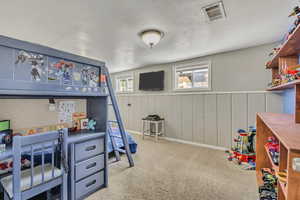 Bedroom with carpet flooring and a wainscoted wall