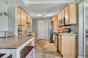 Kitchen with appliances with stainless steel finishes, light brown cabinetry, glass insert cabinets, and tasteful backsplash