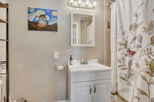 Bathroom featuring vanity and a shower with shower curtain