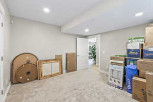 Game room with carpet flooring and recessed lighting