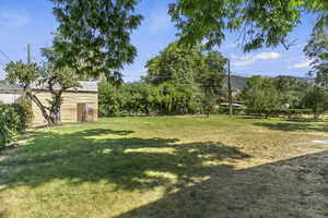 View of green lawn featuring an outdoor structure
