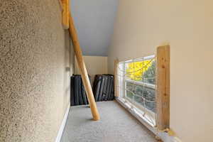 Stairway with carpet flooring and lofted ceiling