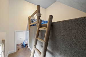 Stairs featuring carpet and lofted ceiling