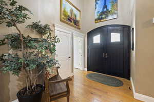 Foyer entrance featuring hardwood / wood-style floors and a towering ceiling