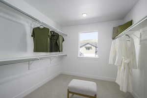 Spacious closet with light carpet
