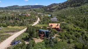 Aerial view of a heavily wooded area and a mountainous background