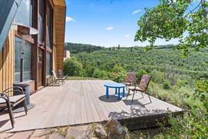 Wooden deck featuring a forest view