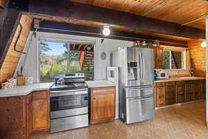 Kitchen with appliances with stainless steel finishes, a wood ceiling with exposed beams, brown cabinetry, and light countertops