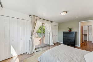 Bedroom with access to exterior and wood finished floors