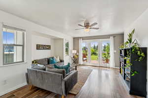 Living room with ceiling fan and wood-type flooring