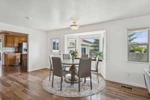 Dining area featuring plenty of natural light and dark wood-type flooring