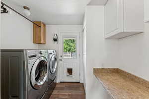 Washroom featuring cabinet space, washer and clothes dryer, and dark wood finished floors