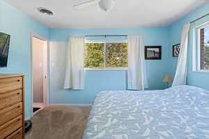 Bedroom featuring carpet flooring, multiple windows, and a ceiling fan
