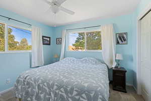 Carpeted bedroom with multiple windows and a ceiling fan