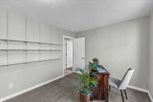 Carpeted home office featuring baseboards