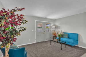 Living room featuring carpet floors and french doors