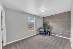 Unfurnished room with an accent wall, carpet floors, a textured ceiling, and wooden walls