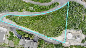 Aerial view of property and surrounding area with property boundaries highlighted