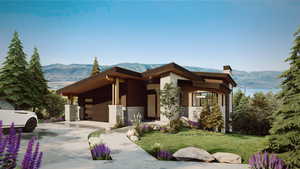 Modern home with a mountain view, stone siding, a chimney, a garage, and driveway