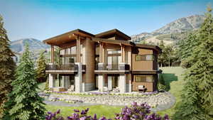 Back of property with a balcony, a mountain view, a patio, and a yard