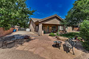 Sitting area with flagstone, and shade trees