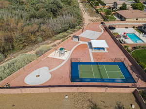 Pickleball court, Firepit, play area, pavillion and basketball