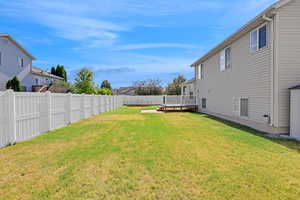 Fenced backyard with a wooden deck