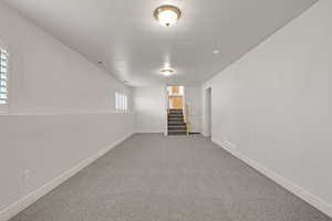 Below grade area with stairs, carpet flooring, and a textured ceiling