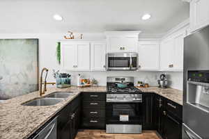 Kitchen featuring stainless steel appliances, white cabinets, cabinets, wood finished floors, and granite countertops