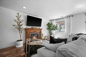Living room featuring  wood finished floors, a glass covered fireplace, and recessed lighting