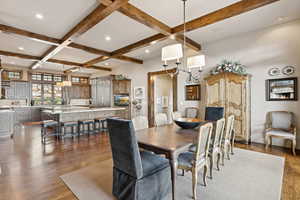 Dining space with beamed ceiling, coffered ceiling, dark wood-style floors, and recessed lighting