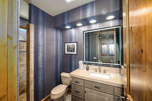 Bathroom with curtained shower and vanity