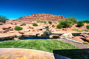 View of yard featuring a small pond and a mountain view