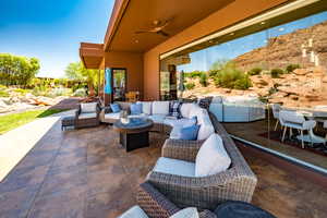 View of patio / terrace featuring an outdoor hangout area and a ceiling fan