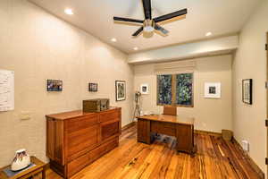 Office featuring ceiling fan, recessed lighting, and light wood-type flooring