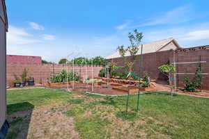 Fenced backyard with a garden